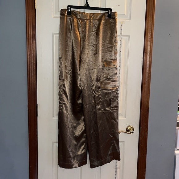 New-a new day-10-gold-high-rise, satin, pleated, wide leg, slouchy, cargo pants. - Picture 5 of 16